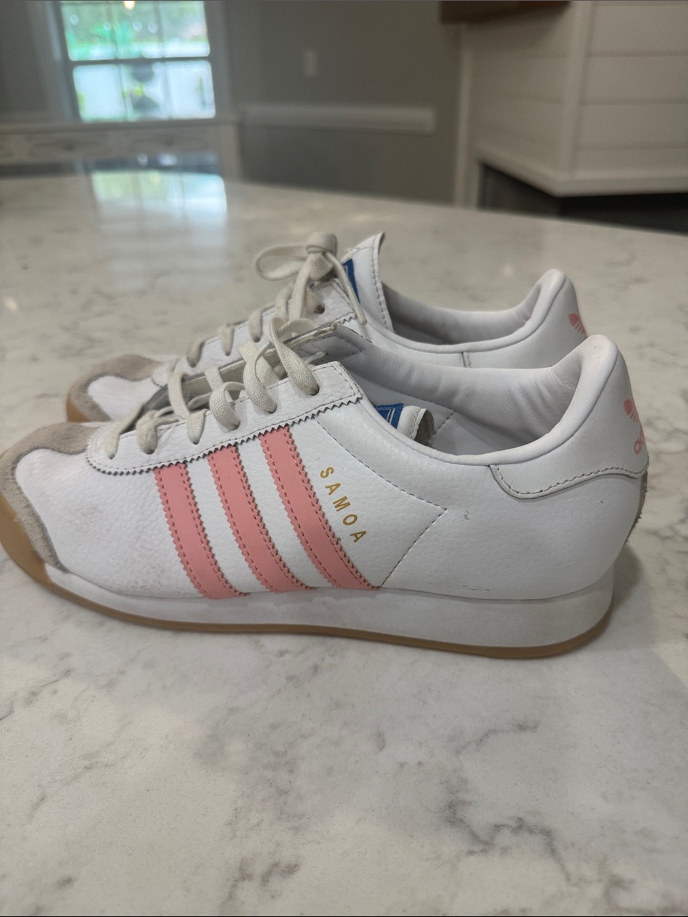 adidas Samoa White Sneakers with Pink Stripes and Gum Sole